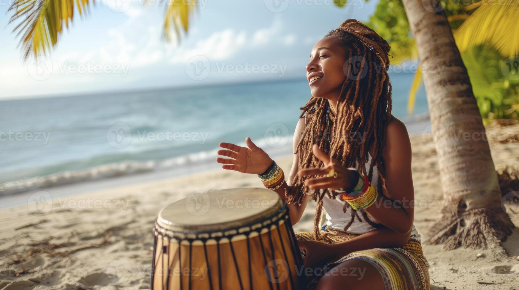 AI generated A young woman from the Caribbean, with dreadlocks and a drum, is playing music on a beach in Jamaica photo