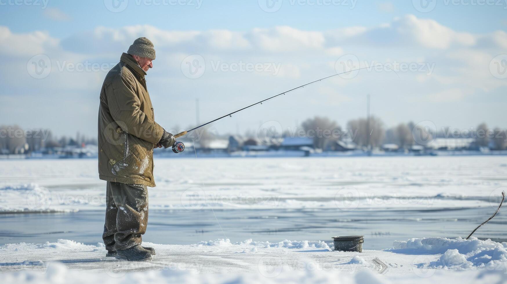 AI generated An elderly man from Eastern Europe, with a ushanka and a fishing rod, is ice fishing on a frozen lake in Siberia, Russia photo