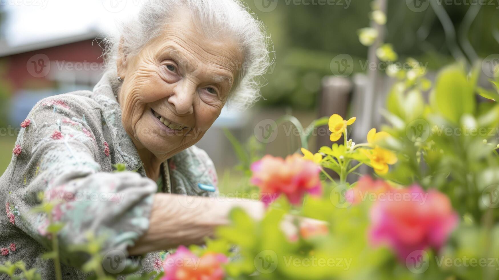 AI generated An elderly woman from North America, with a joyful expression and a garden, is tending to her flowers in her backyard in Vancouver, Canada photo