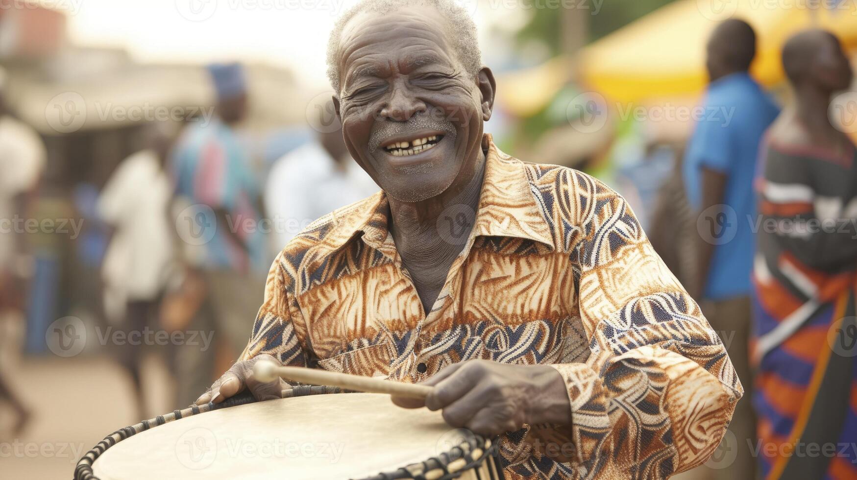 AI generated An elderly man from Africa, with a joyful expression and a drum, is playing music at a festival in Accra, Ghana photo