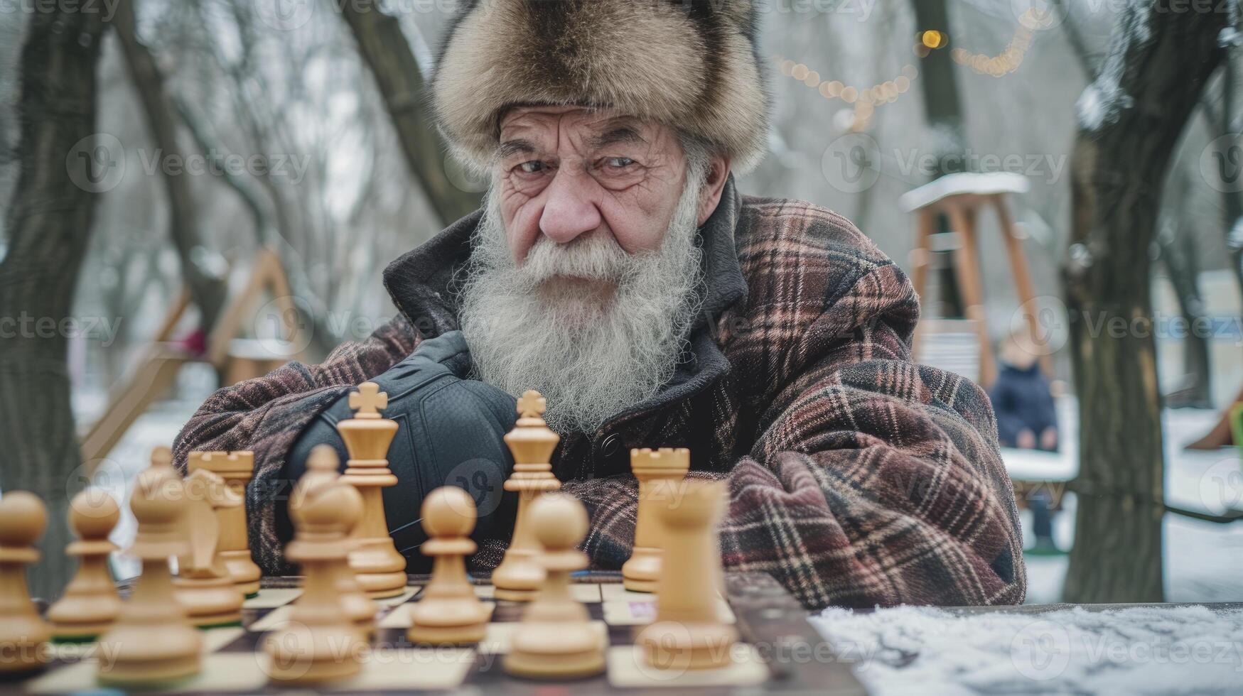 AI generated An elderly man from Eastern Europe, with a thick beard and a fur hat, is playing a game of chess in a park in Moscow photo