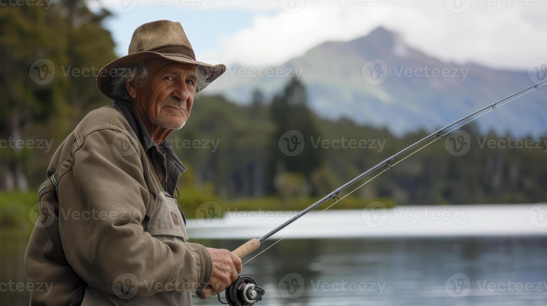 AI generated An elderly man from Oceania, with a serene expression and a fishing rod, is fishing on a quiet lake in New Zealand photo