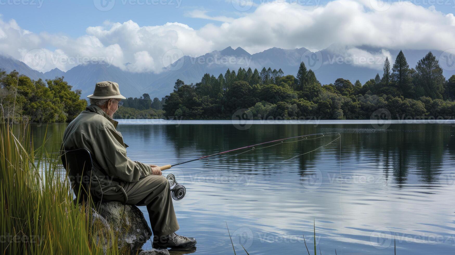 AI generated An elderly man from Oceania, with a serene expression and a fishing rod, is fishing on a quiet lake in New Zealand photo