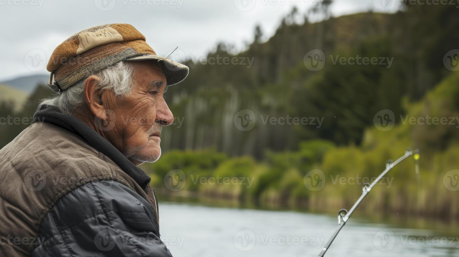 AI generated An elderly man from Oceania, with a serene expression and a fishing rod, is fishing on a quiet lake in New Zealand photo