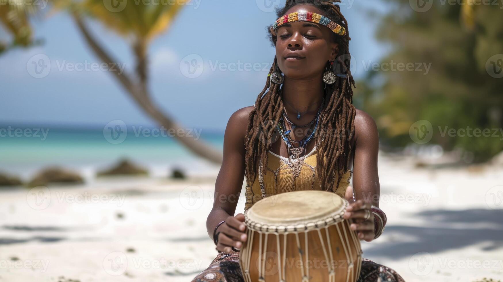 AI generated A young woman from the Caribbean, with dreadlocks and a drum, is playing music on a beach in Jamaica photo