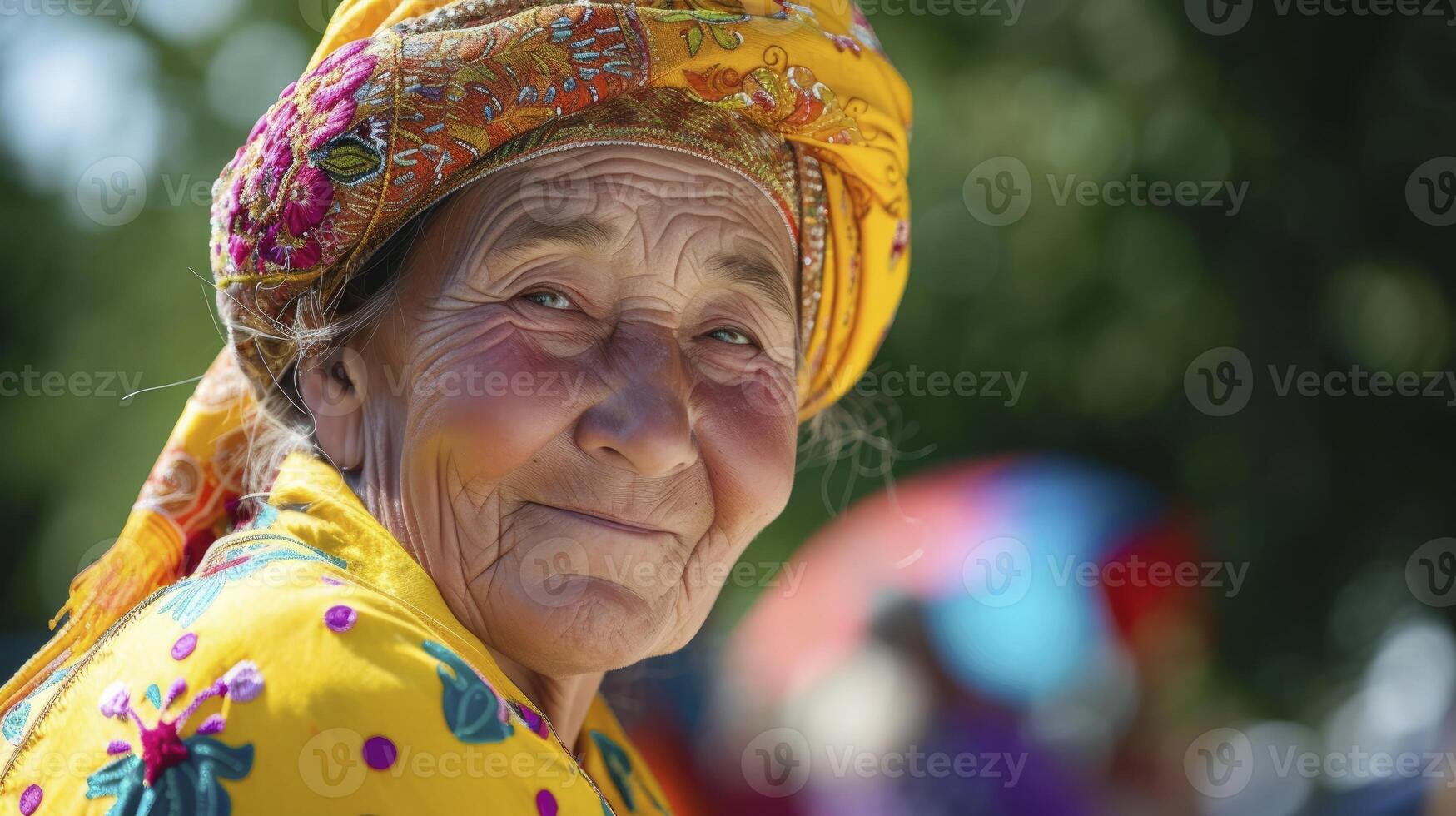 ai generado un mayor mujer desde central Asia, con un contenido expresión y un tradicional vestido, es bailando a un festival en biskek, Kirguistán foto