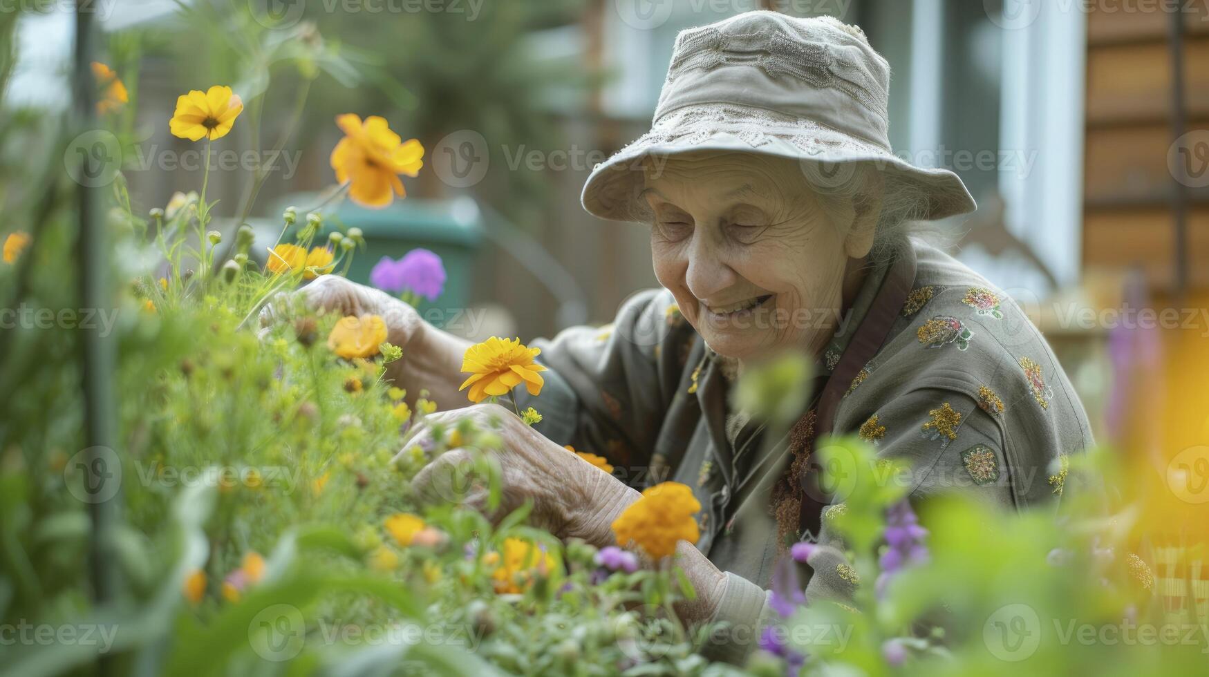 AI generated An elderly woman from North America, with a joyful expression and a garden, is tending to her flowers in her backyard in Vancouver, Canada photo