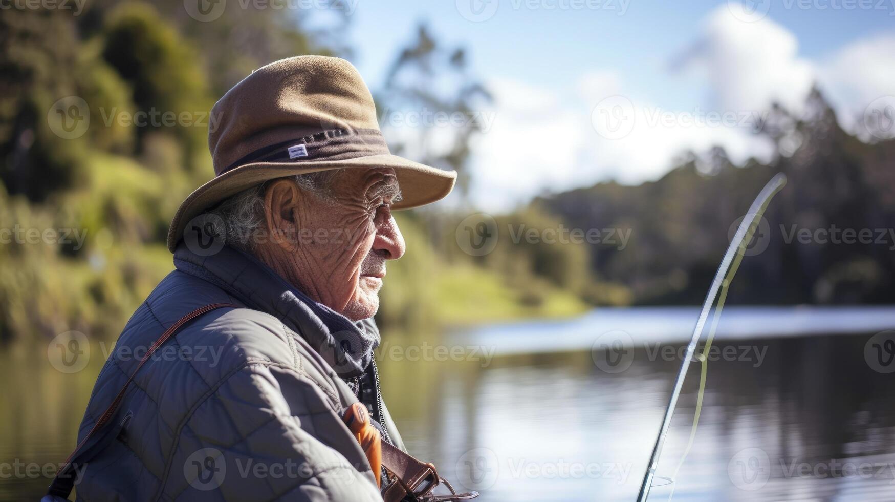 AI generated An elderly man from Oceania, with a serene expression and a fishing rod, is fishing on a quiet lake in New Zealand photo