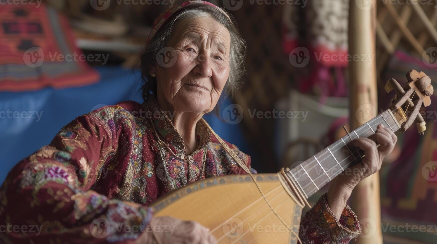 AI generated An elderly woman from Central Asia, with a content expression and a traditional instrument, is playing music in a yurt in Kyrgyzstan photo