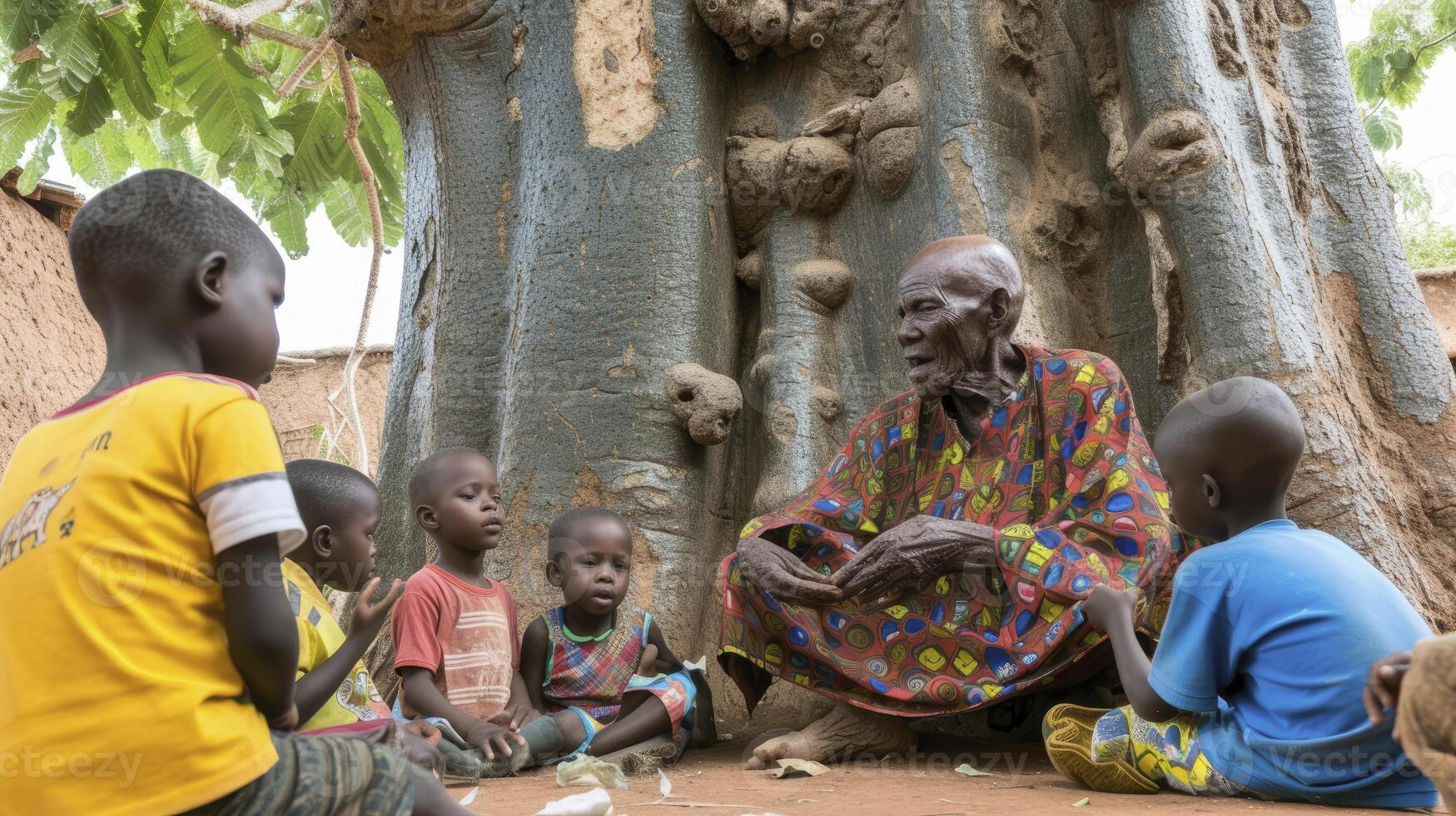 AI generated An elderly African man, with deep-set wrinkles and a bald head, is sitting under a baobab tree in a village in Senegal, sharing stories with children photo