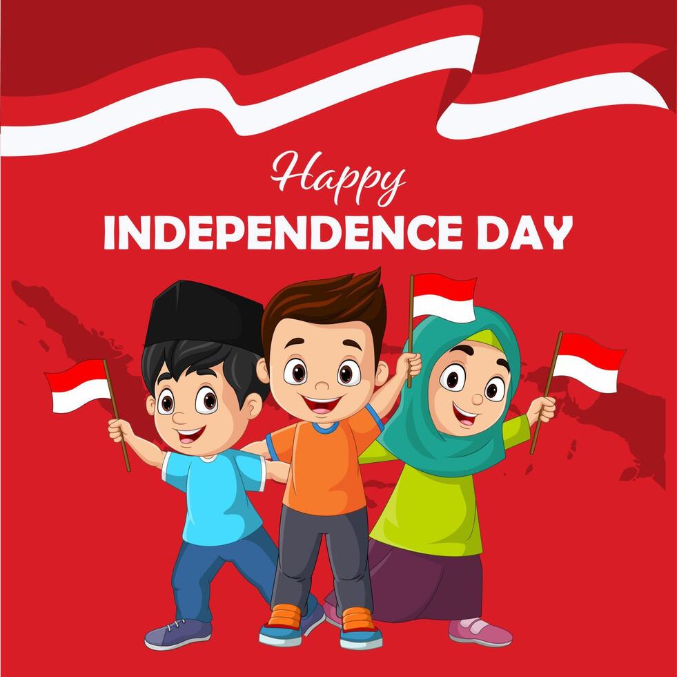 Happy independence day. Group of children holding an Indonesian flags vector