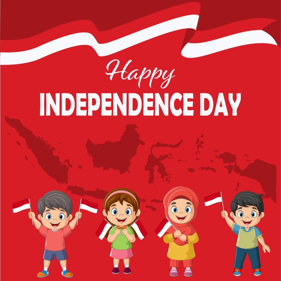 Feliz día de la independencia. grupo de niños con banderas indonesias vector