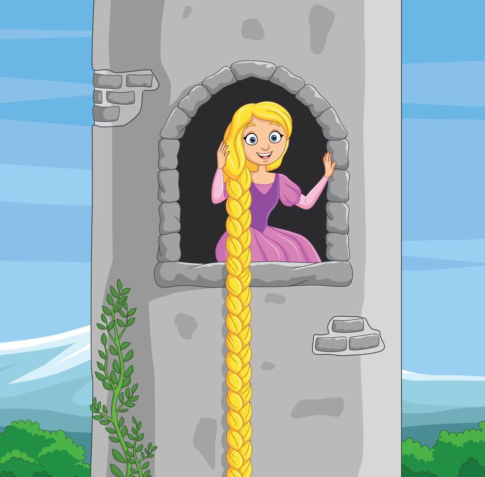 Cartoon princess with long hair sitting in the window of a tower. vector