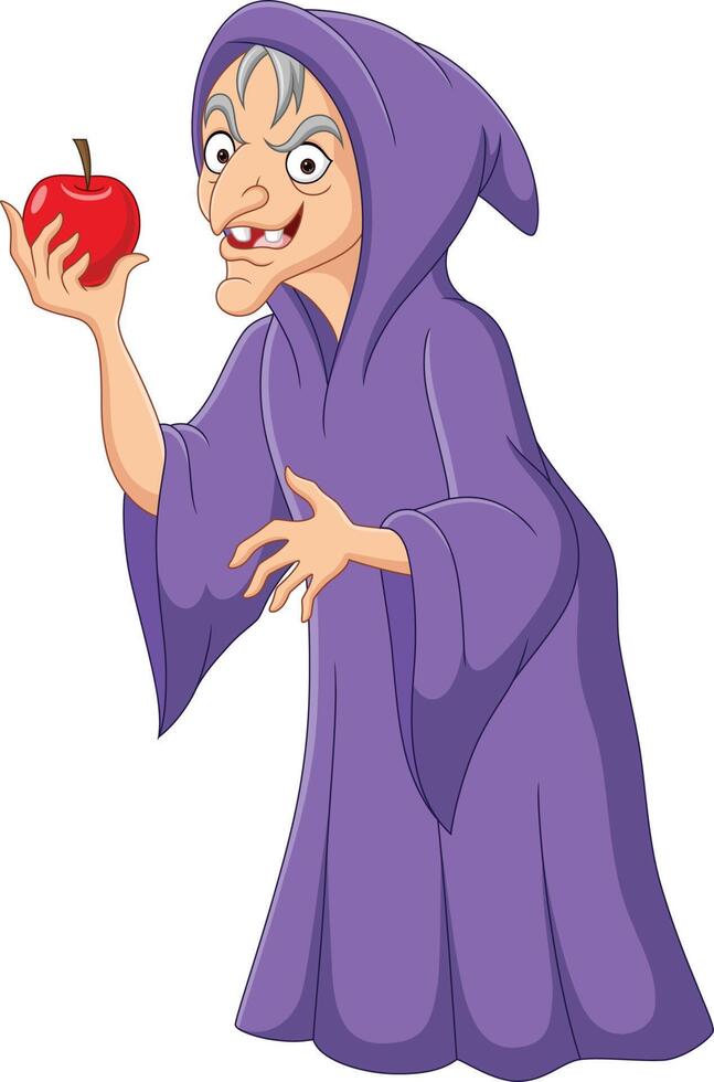 Cartoon old witch holding apple fruit vector