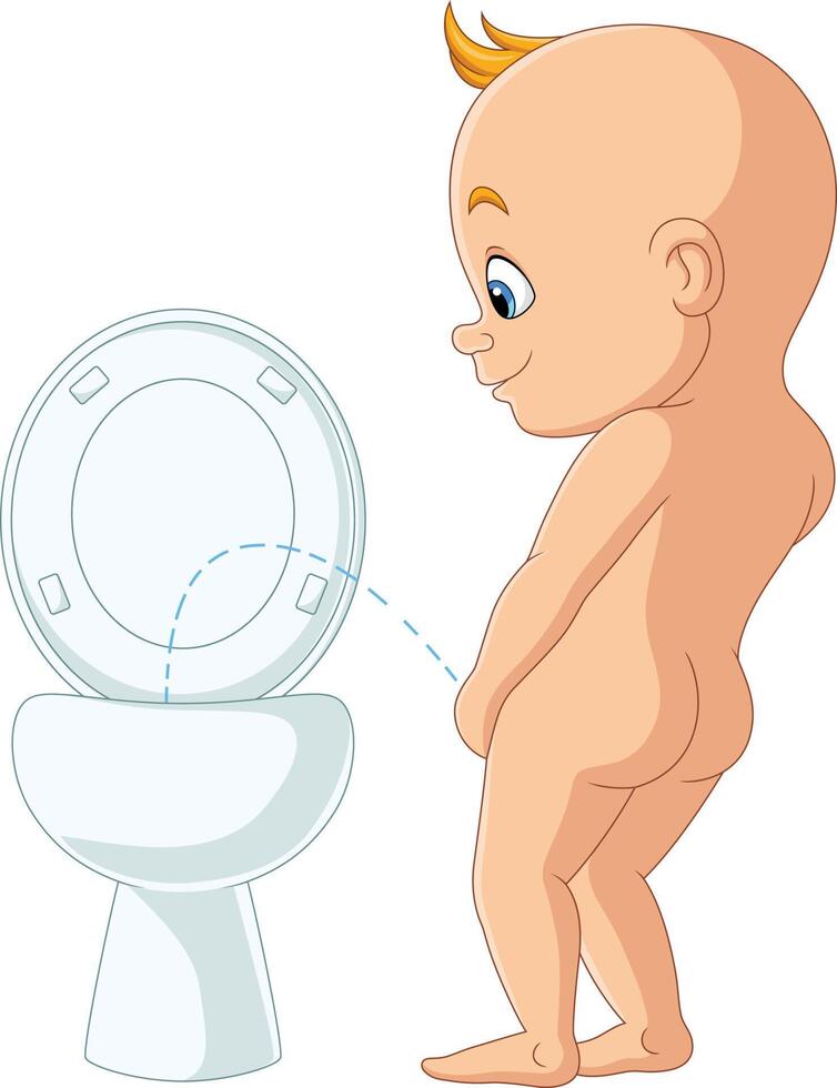 Cartoon baby boy peeing in the toilet vector