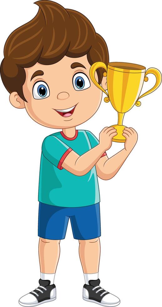 Cartoon little boy holding gold trophy vector