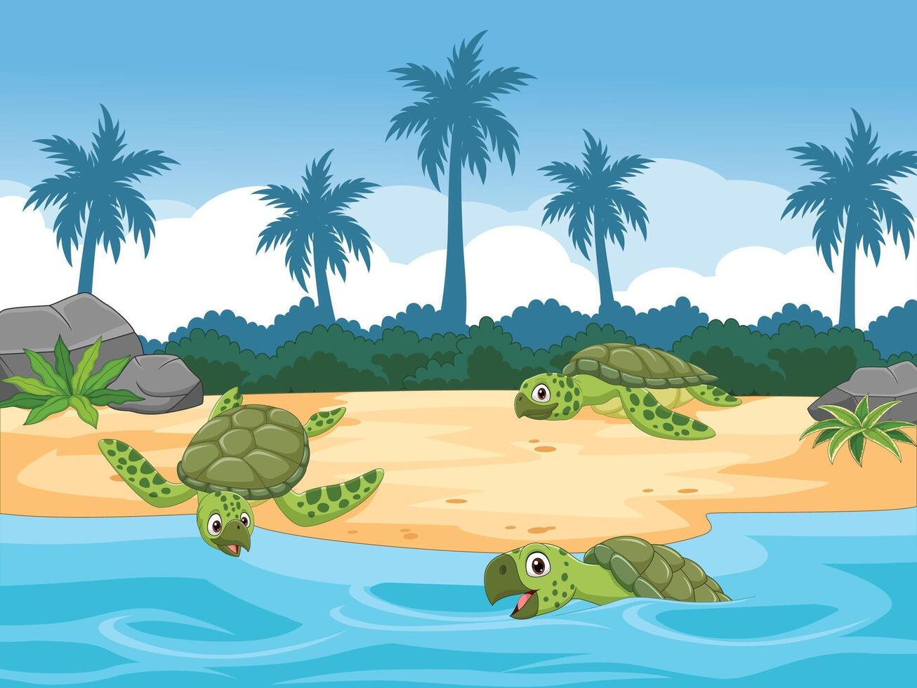 Cartoon sea turtles on the beach vector
