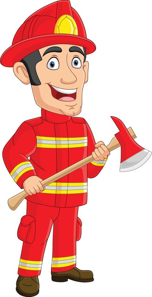 Cartoon firefighter holding an axe vector