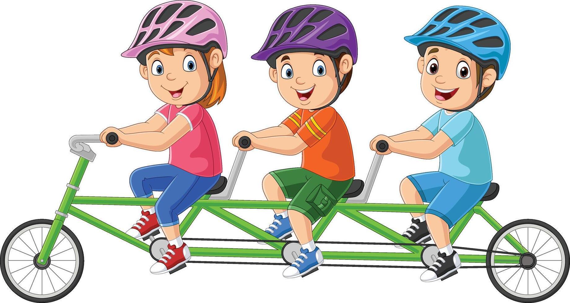 Happy little children riding tandem bicycle vector