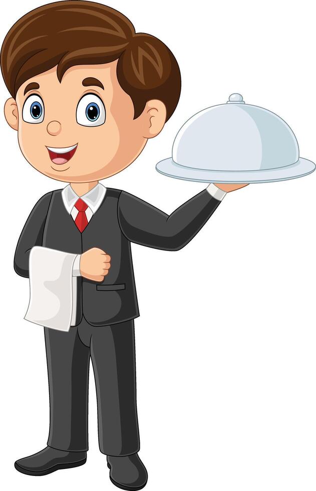 Cartoon waiter boy holding a serving tray vector
