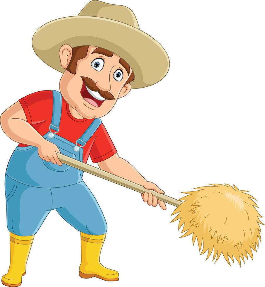 Cartoon farmer collecting hay with pitchfork vector