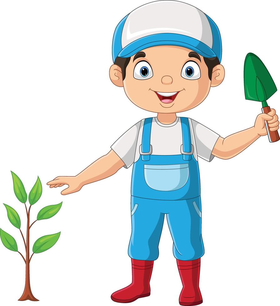 Cute little gardener boy with plants and shovel vector