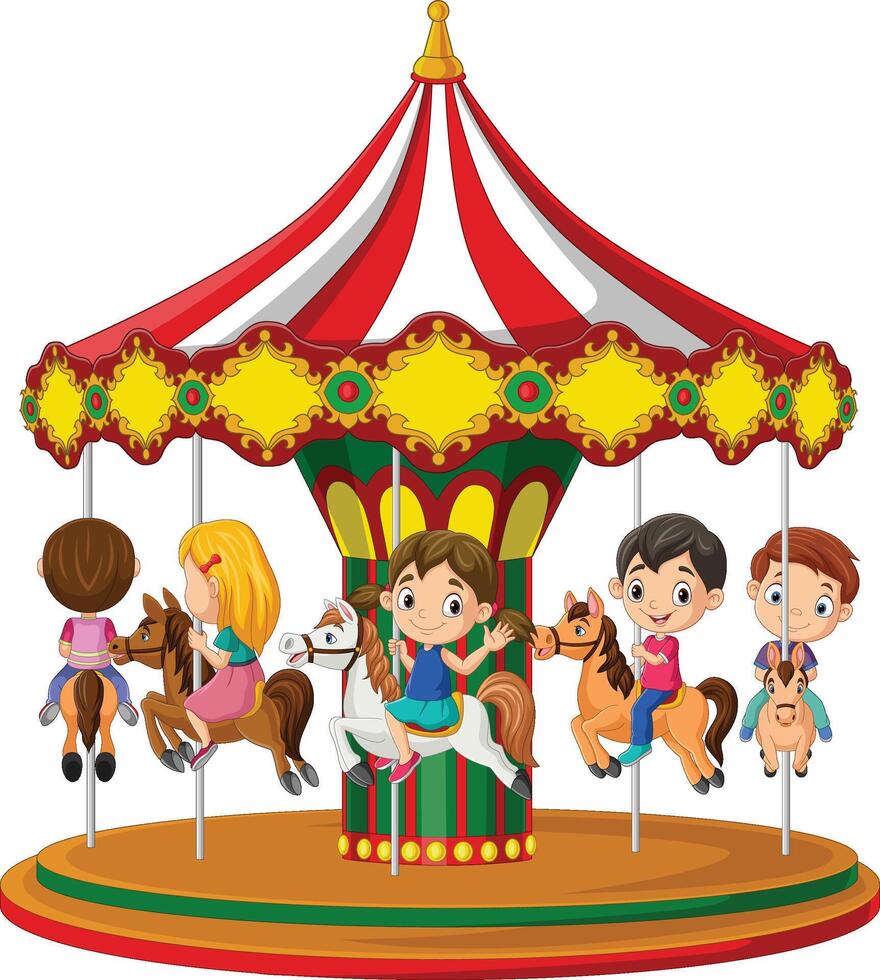 Cartoon little children on the carousel with horses vector