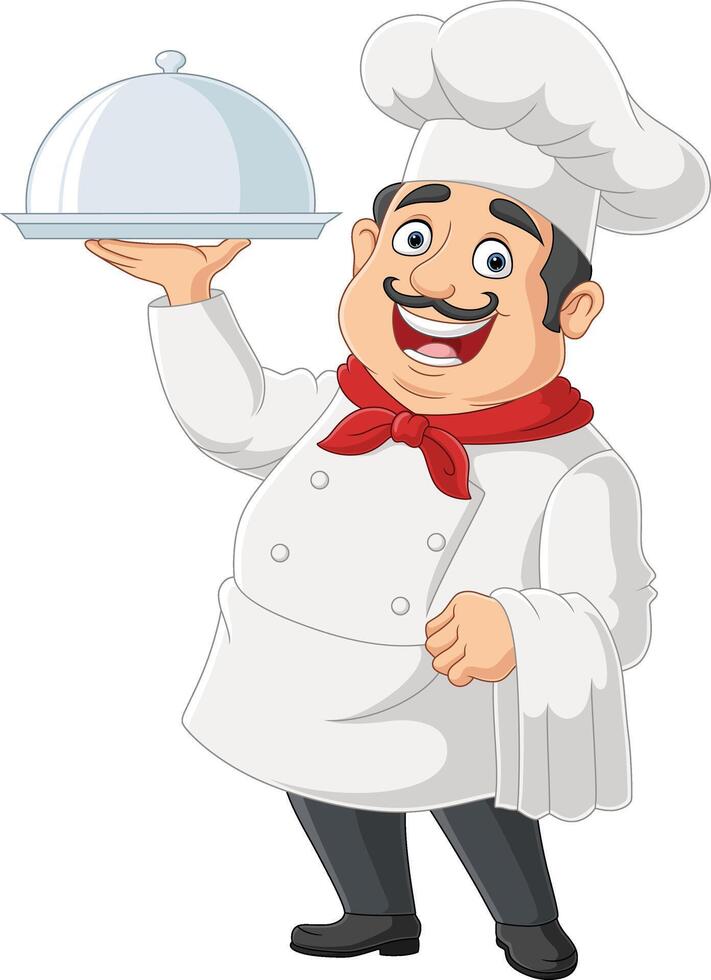 Cartoon chef holding a silver platter vector