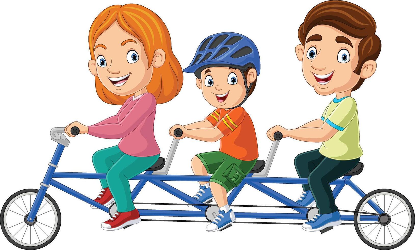 contento familia dibujos animados montando tándem bicicleta vector