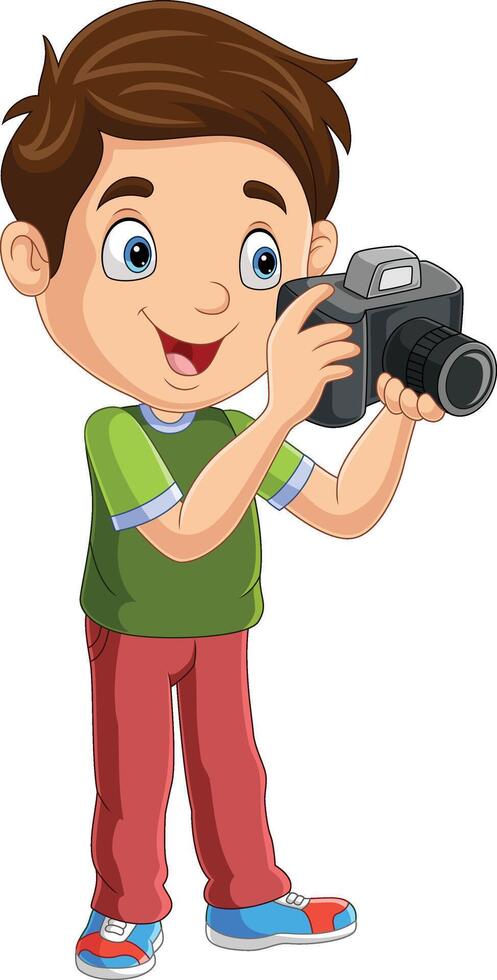 Cartoon boy taking photo using a digital camera vector