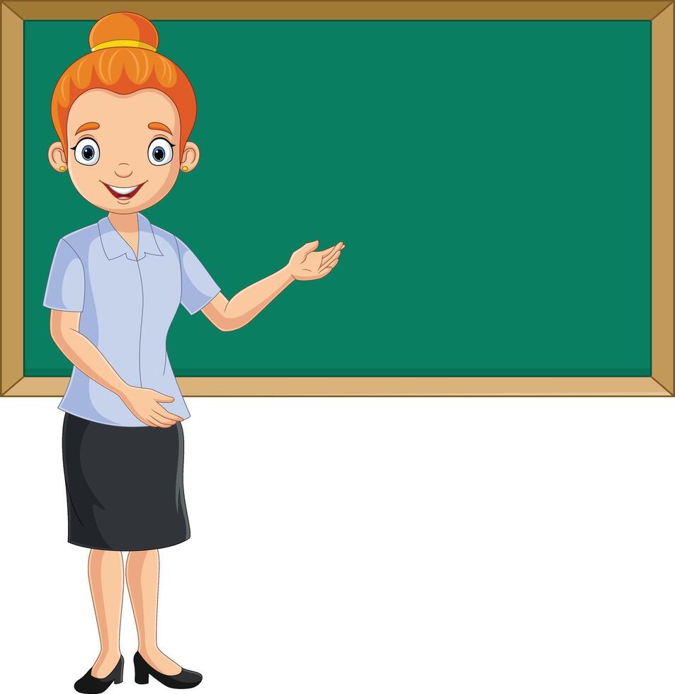 Cartoon female teacher standing next to a blackboard vector