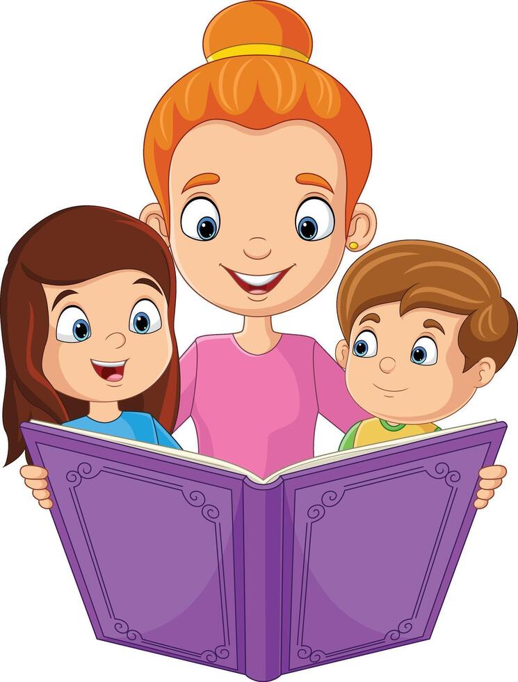 Cartoon mother reading a story book with her children vector