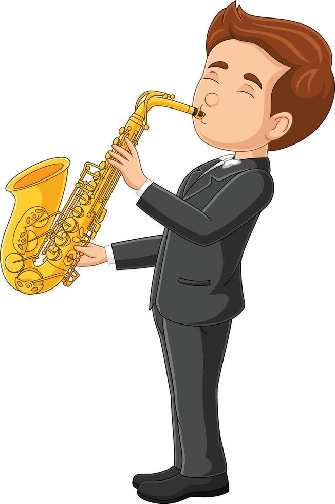 Cartoon little boy playing a saxophone vector