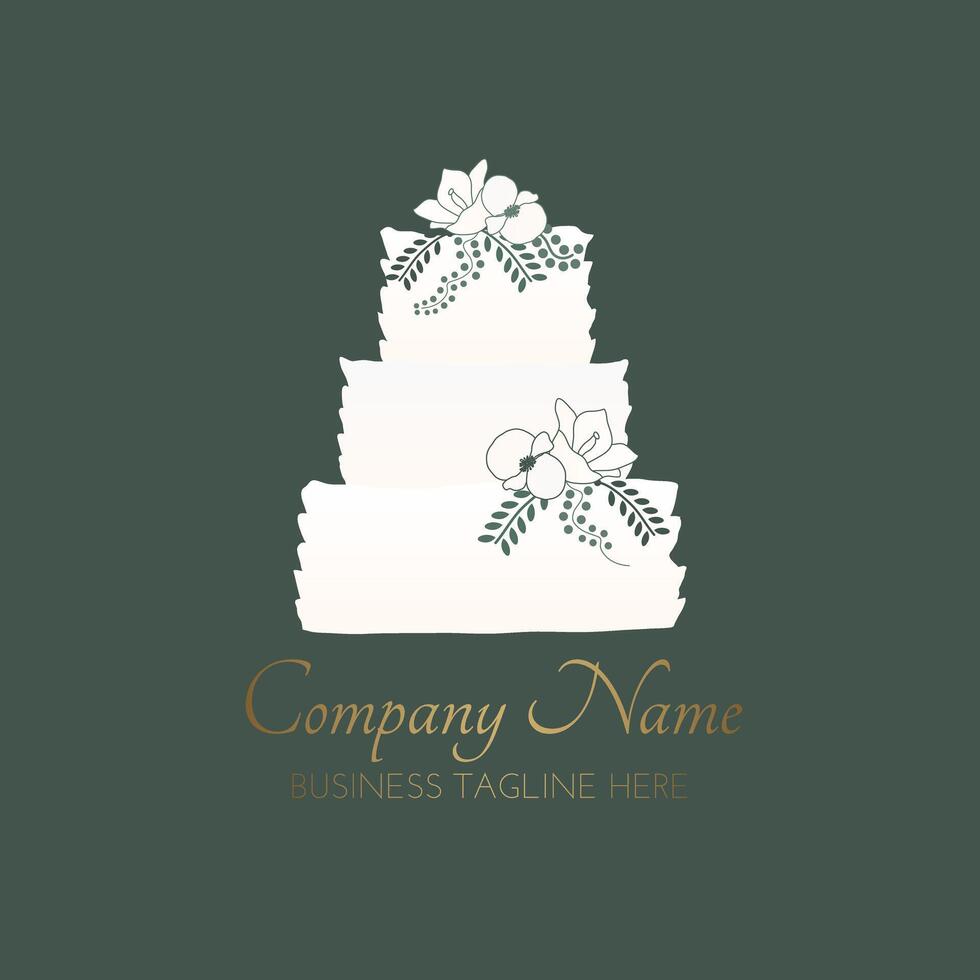 Elegant White and Gold Bakery Logo Design with Cake in Floral Modern Style on Dark Green Background vector