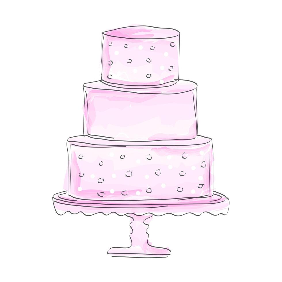 Pink Watercolor Cake Illustration in Sketch or Draft Style vector