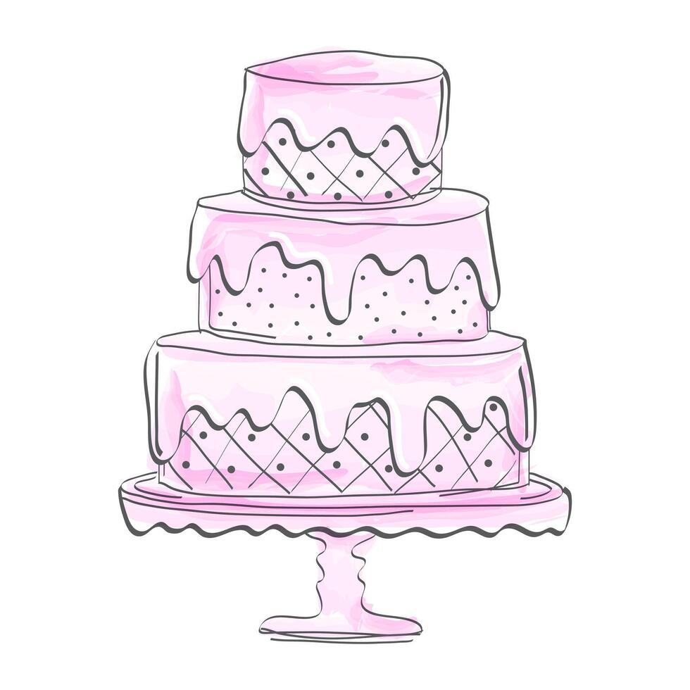 Pink Watercolor Cake Illustration in Sketch or Draft Style vector