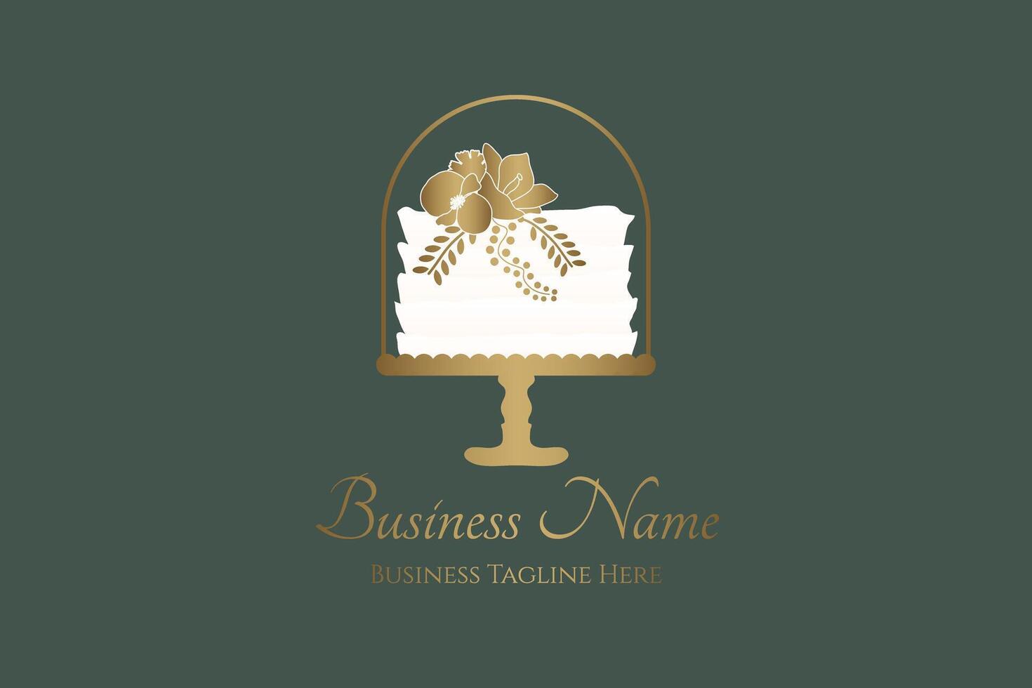 Elegant Cake Bakery Logo Design on Green Background with White and Gold Colors vector