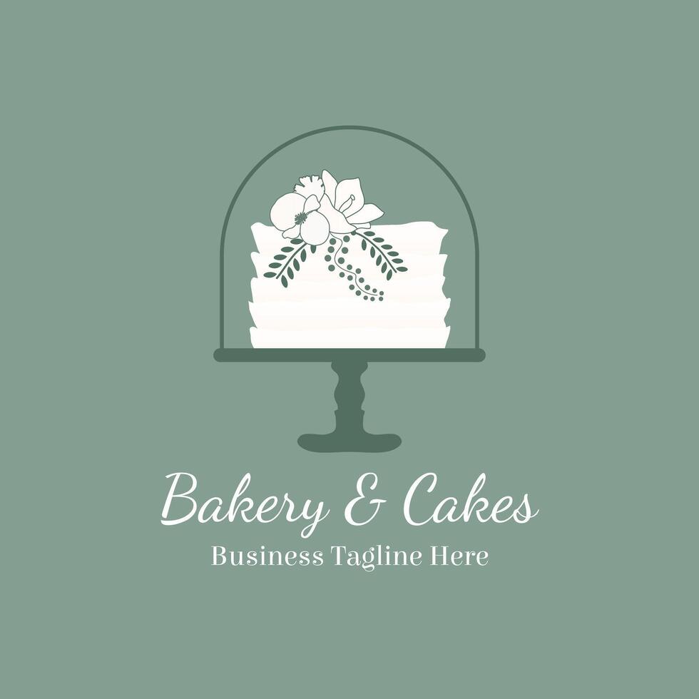 Elegant Cake Bakery Logo Design in Foliage Style on Green Background vector