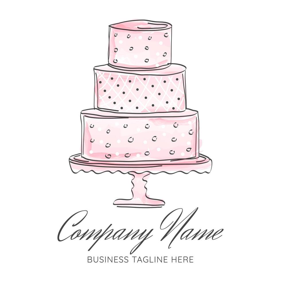 Big Pink Watercolor Draft Style Cake Logo Design for Bakery vector