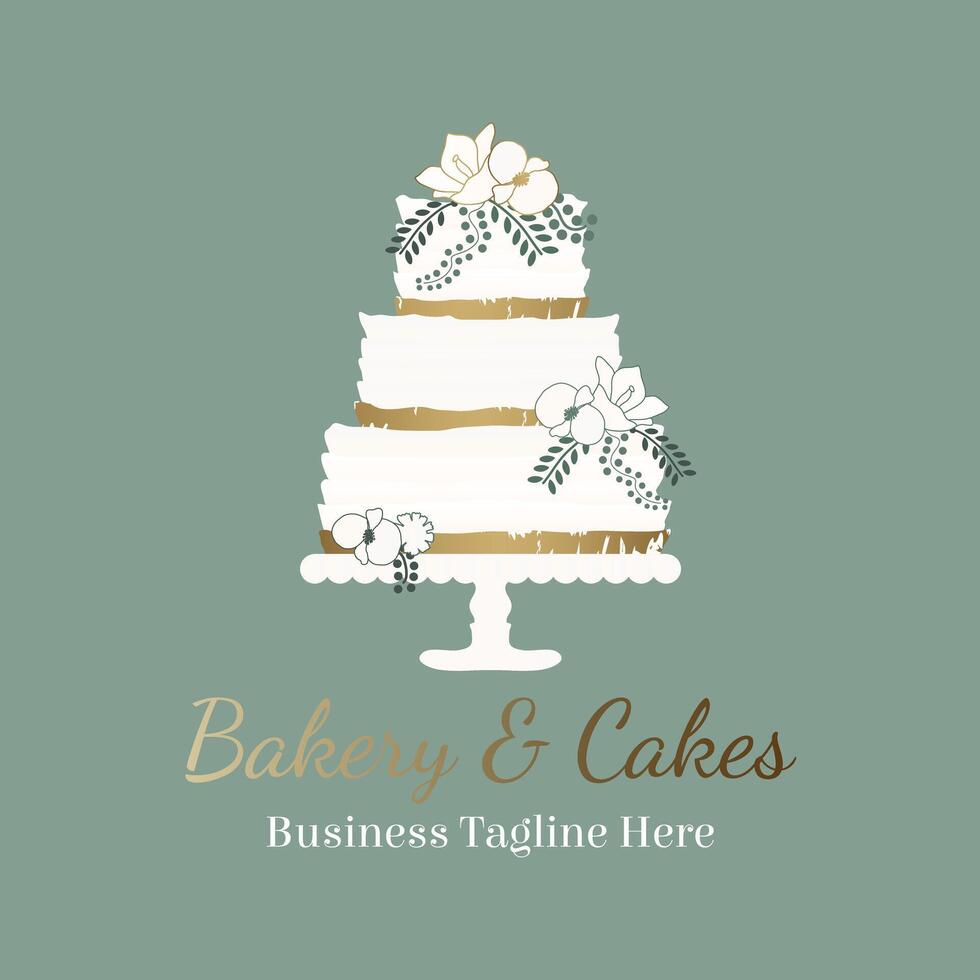 White Luxury Cake Logo Design for Bakeries on Olive Green Background vector