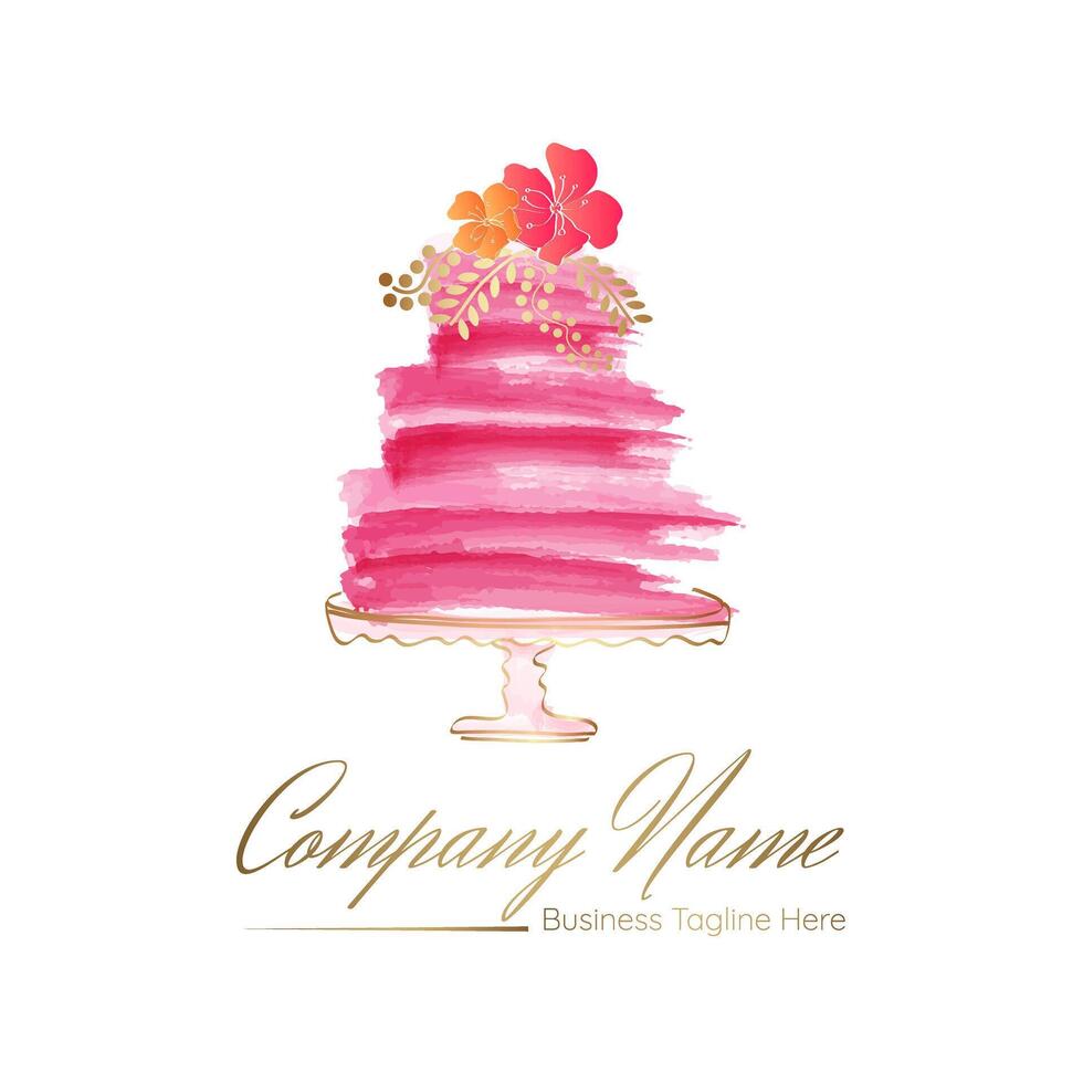 Abstract Cake Bakery Logo Design in Bright Watercolor Brush Style and Cake Stand vector