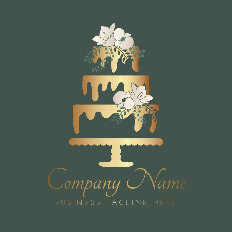 Abstract Cake Logo Design with Frosting and Floral Decoration in Gold Color and Green Background vector