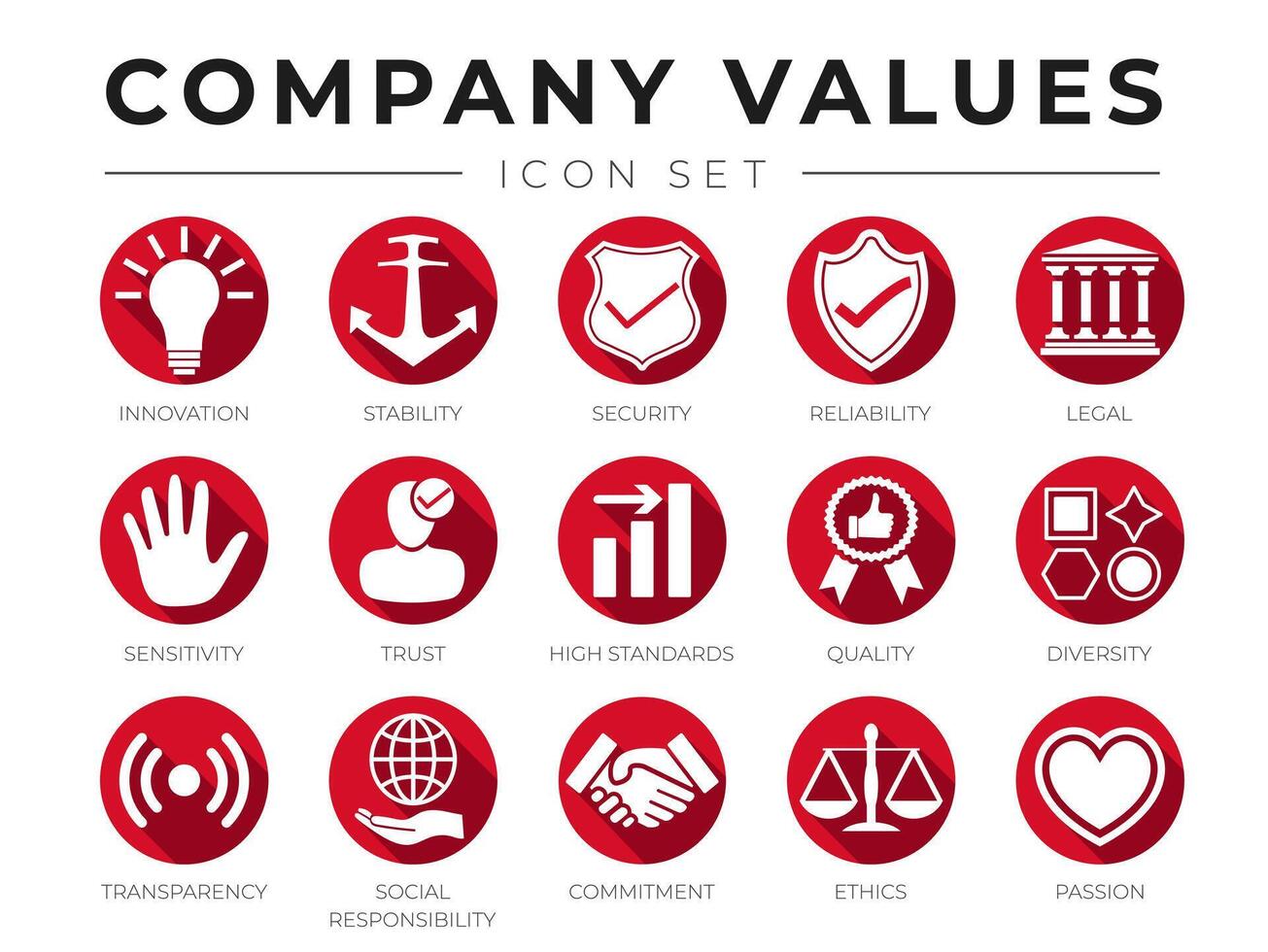 Business Flat Icon Set of Company Core Values. Innovation, Stability, Security, Reliability, Legal, Sensitivity, Trust, High Standard, Quality, Diversity, Transparency, Commitment, Passion Red Icons. vector