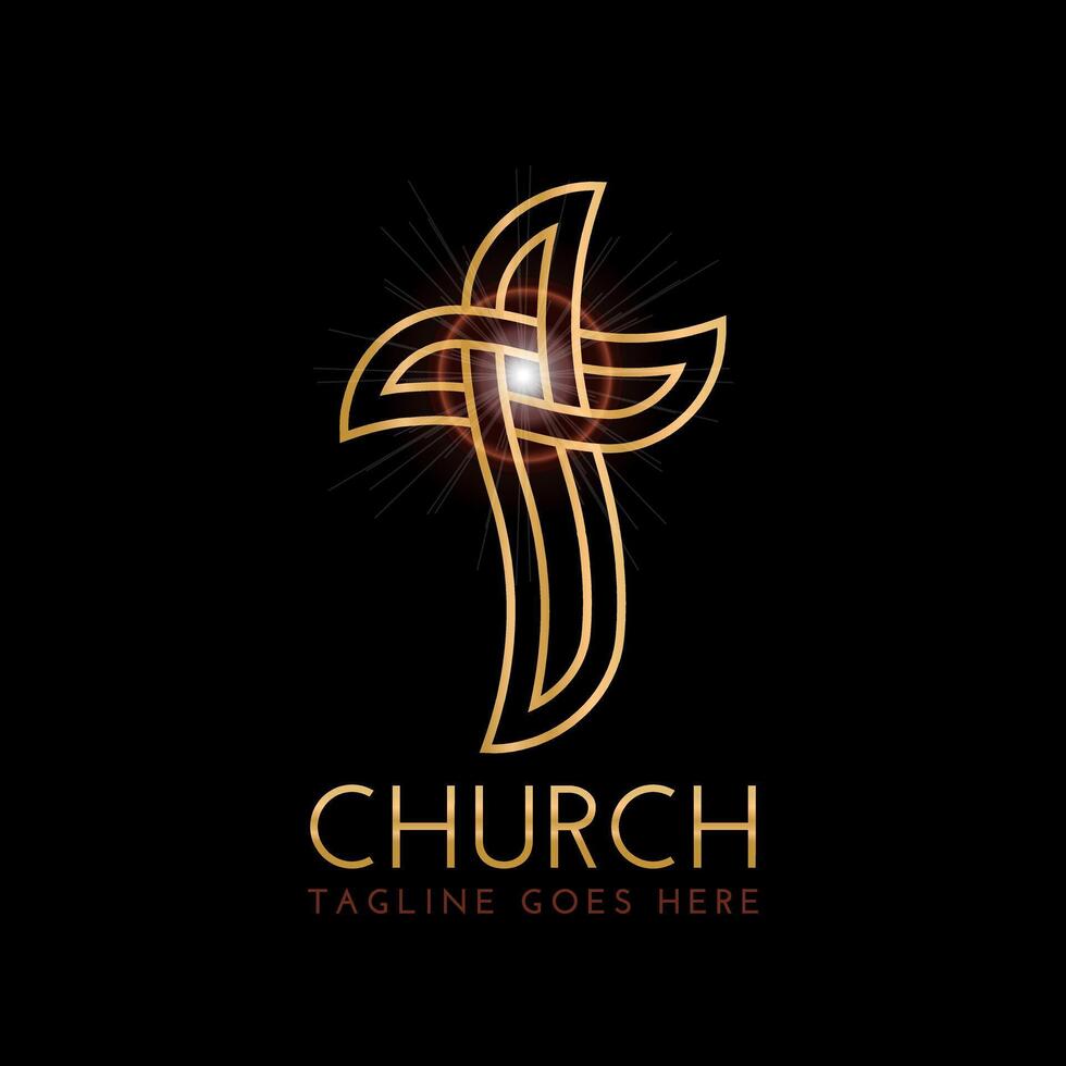 Gold Christian Church Logo Design with Cross on Black Background vector