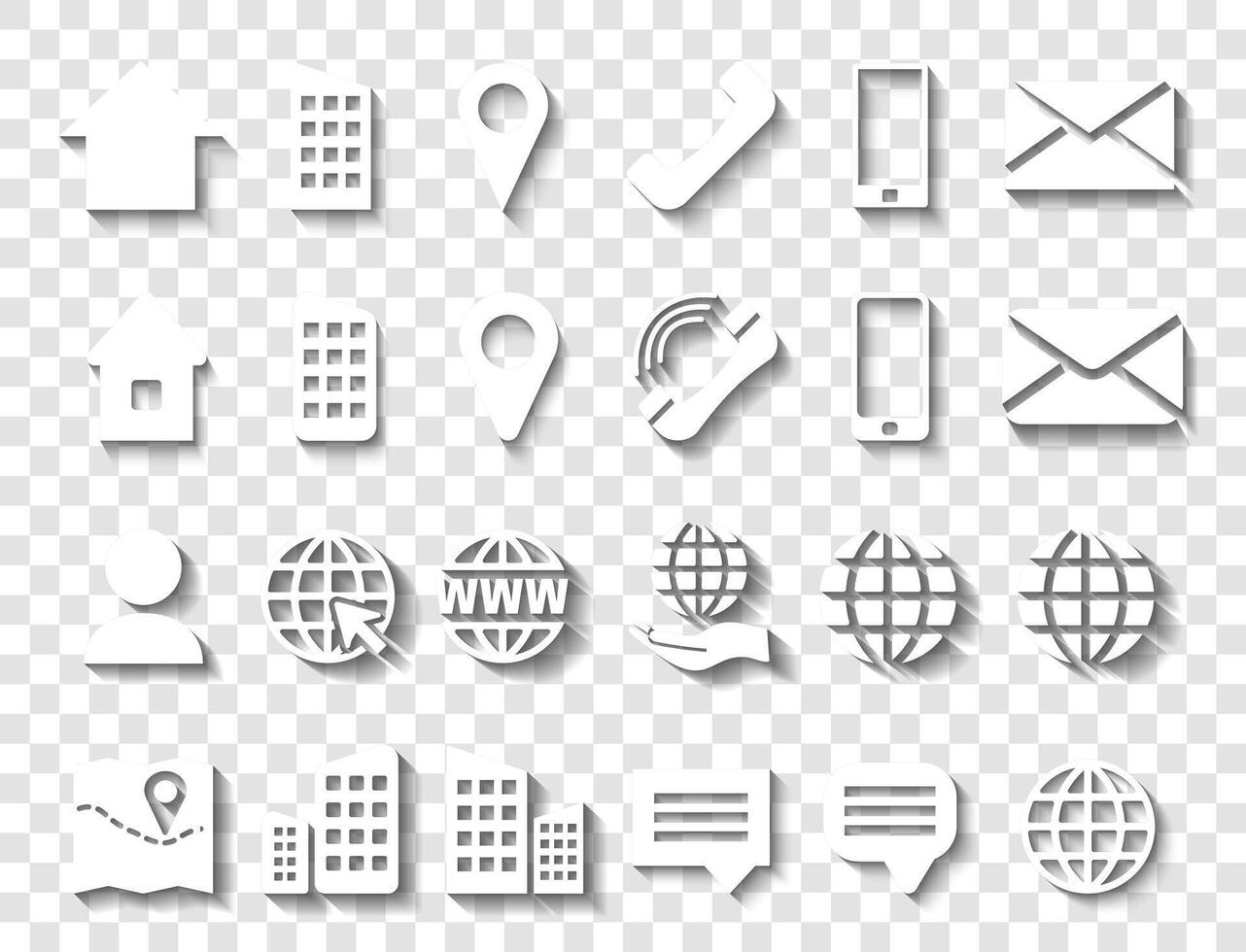 White Contact Info Icon Set with Shadows for Location Pin, Phone, Web and Cellphone, Person and Email Icons. vector