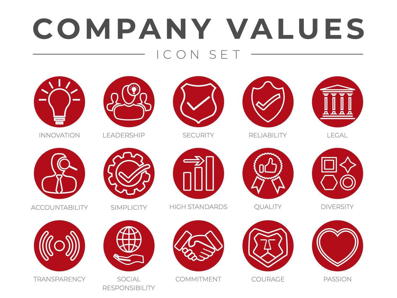 Business Company Core Values Outline Icon Set. Innovation, Stability, Security, Reliability, Legal and Sensitivity, Trust, High Standard, Quality, Diversity, Transparency, Social Responsibility Icons. vector