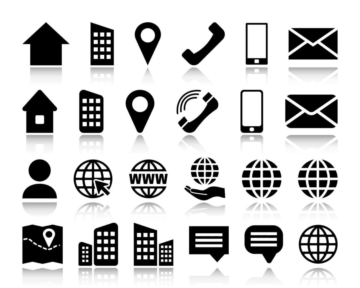 Black Contact Info Icon Set with Reflection for Location Pin, Phone, Web and Cellphone, Person and Email Icons. vector
