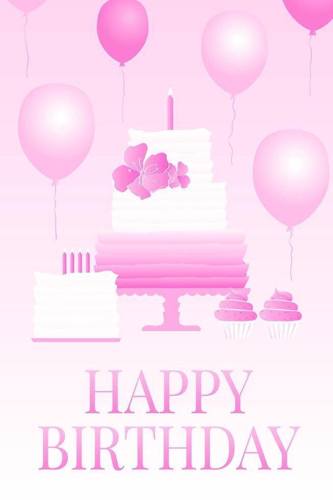 Pink Happy Birthday Congratulation Card ot Postcard Illustration With Cake and Balloons vector