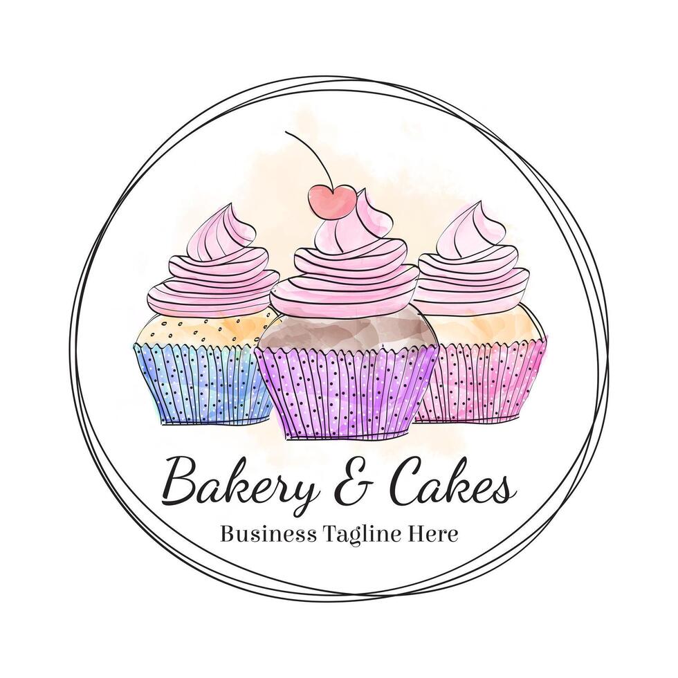 Beautiful Round Cupcakes Logo. Cupcake Hand Drawn Doodle Style Watercolor Badge vector