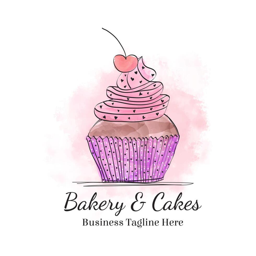 Beautiful Cupcake Logo with Cherry in Hand Drawn Doodle Watercolor Style vector
